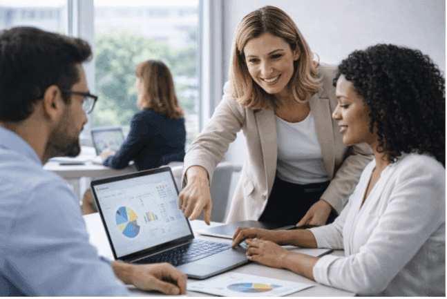 Équipe financière concentrée en réunion stratégique